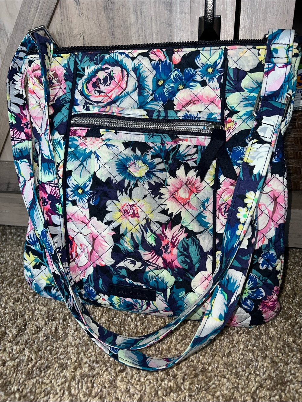 Vera Bradley Quilted Floral Tote in Navy, Pink & Teal